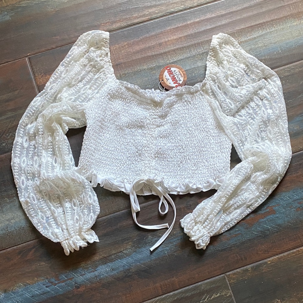 White Lace Puff Sleeve Crop Top Western Wear